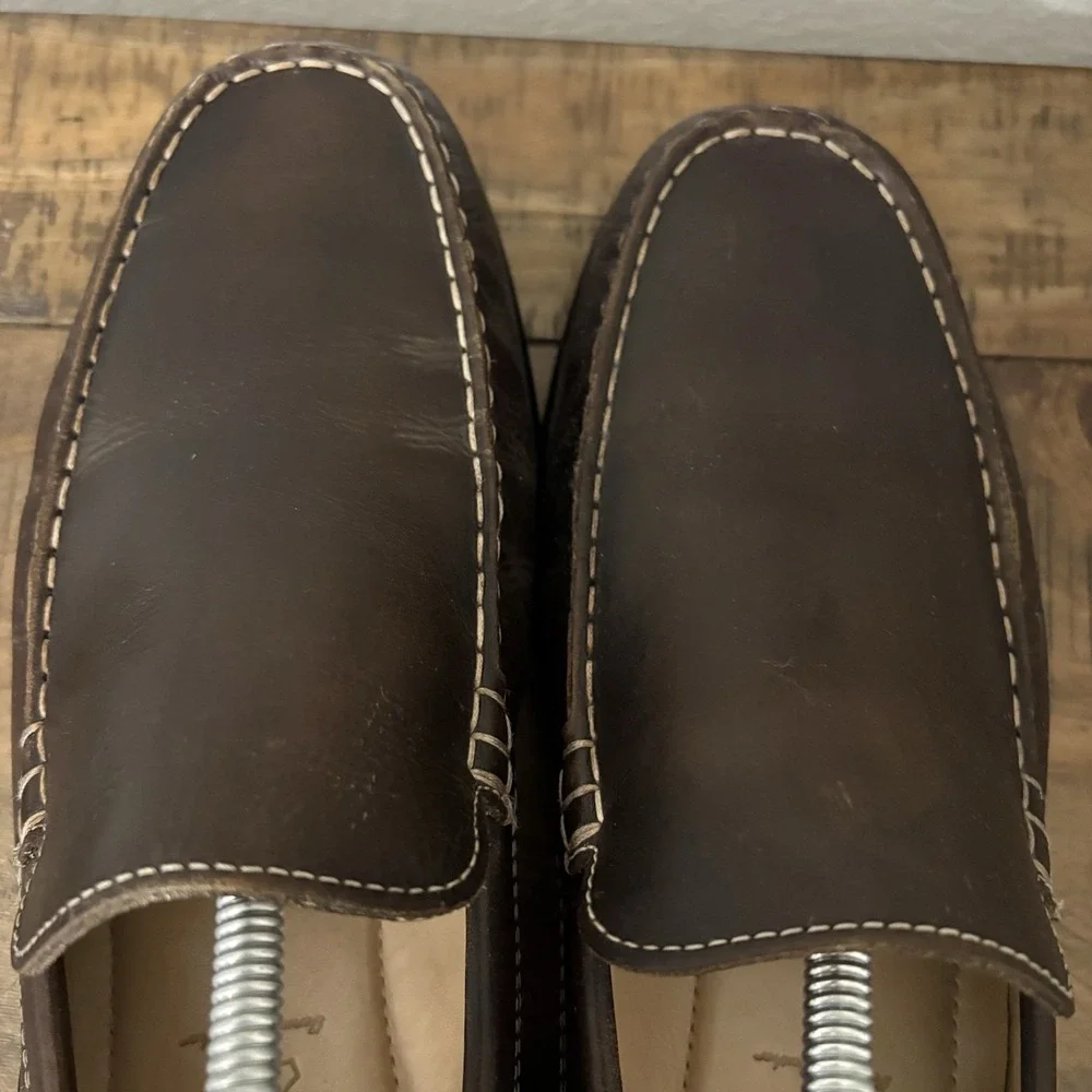 Ecco Mens US 10-10.5 EU 44 Genuine Brown Leather Moc Toe Slip On Driving Loafers